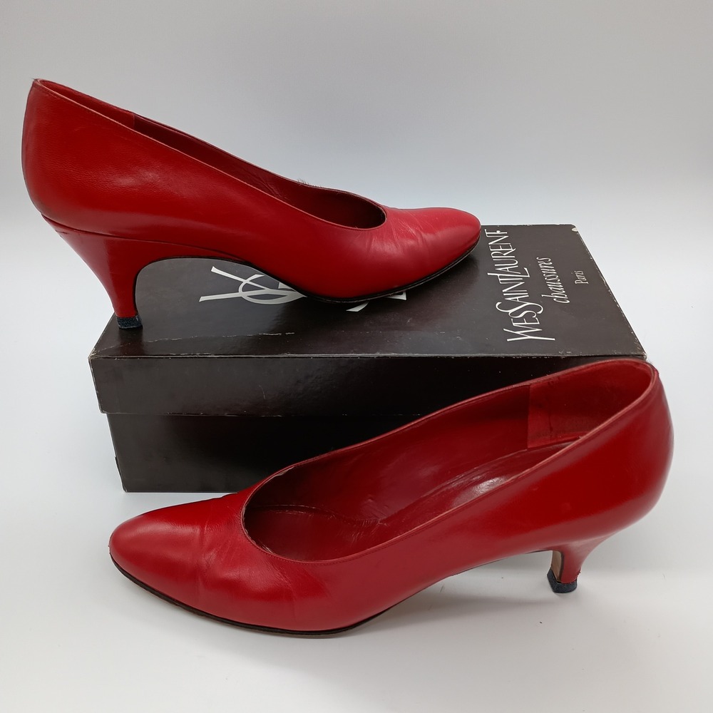 Yves Saint Laurent Red Leather Mid-Heel Pumps